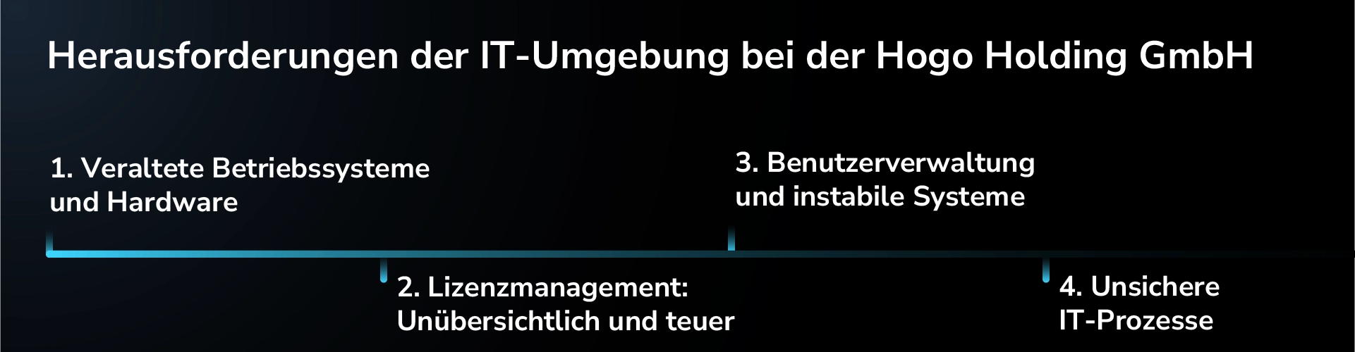 Infografik: Sicherheitsrisiken, ineffiziente Prozesse, veraltete Systeme und Lizenzprobleme der Hogo Holding GmbH – zentrale IT-Herausforderungen im Überblick.